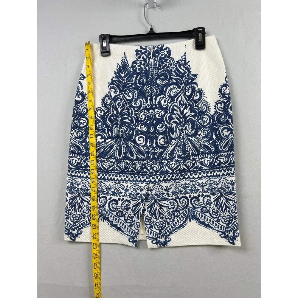 J.Crew No. 2 Pencil Skirt Women 4 White Blue Damask Tile Print Pique Cotton Bl
